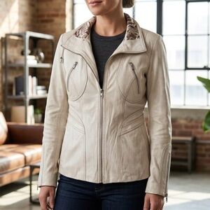 DANIER Cream White Genuine Leather Zip Jacket 2XL Neutral Moto Lined Luxury Y2K